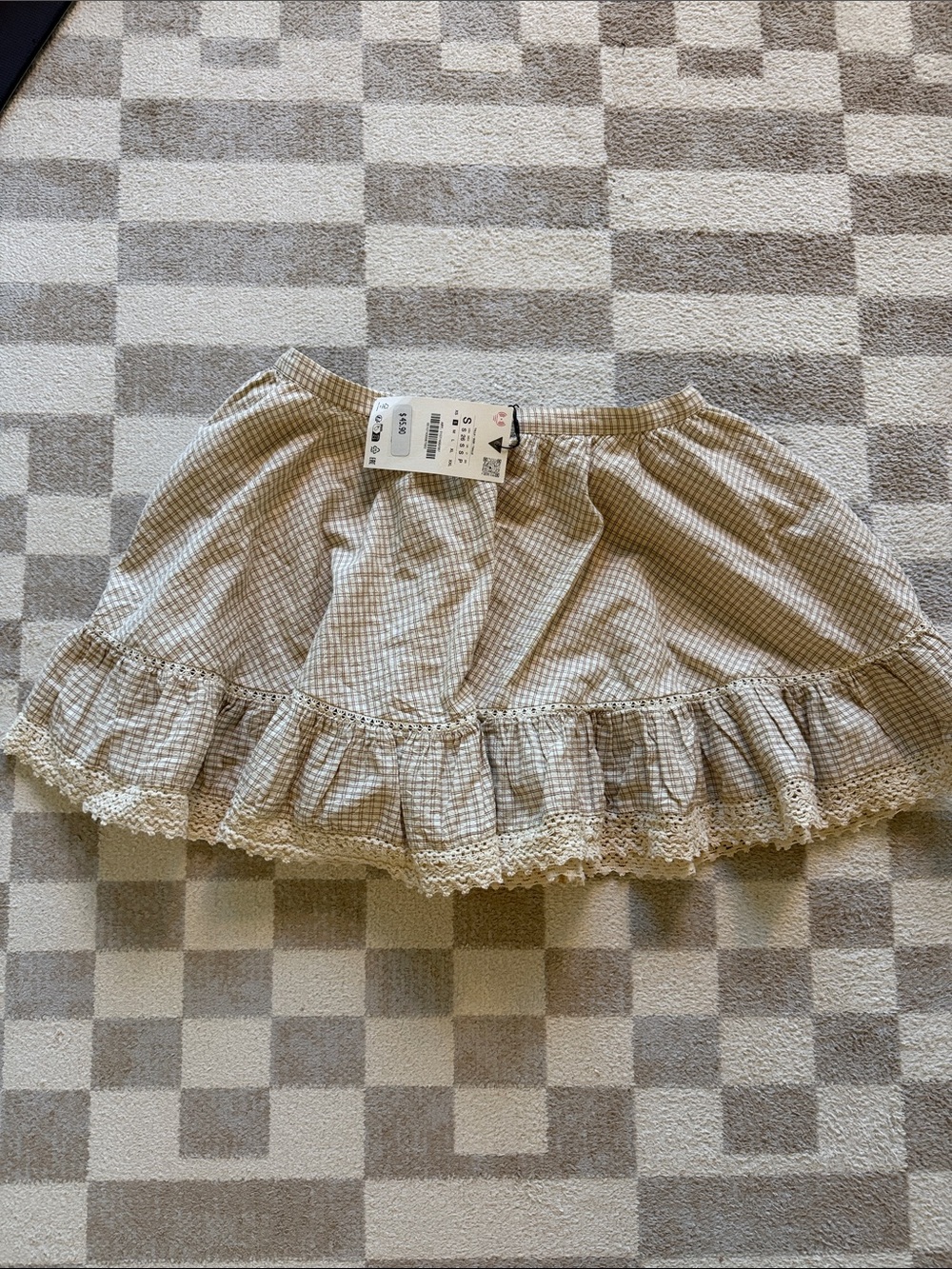 Zara Beige Gingham Ruffle Skirt with Lace Hem